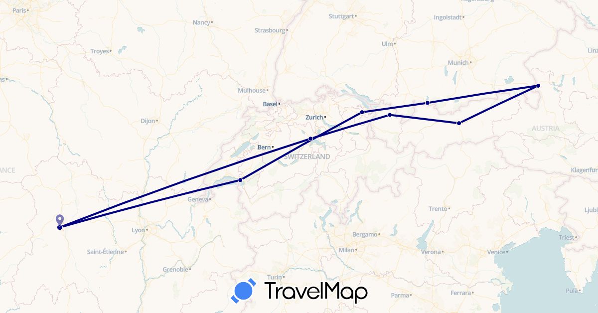 TravelMap itinerary: driving in Austria, Switzerland, Germany, France (Europe)